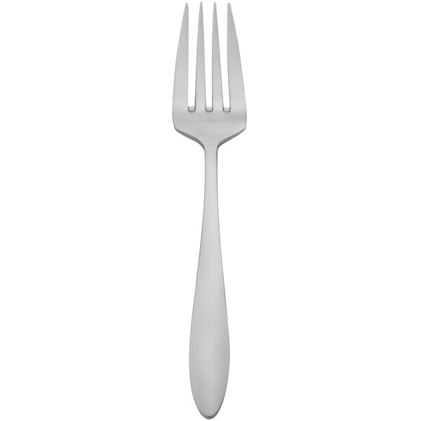 A silver fork with a white background.