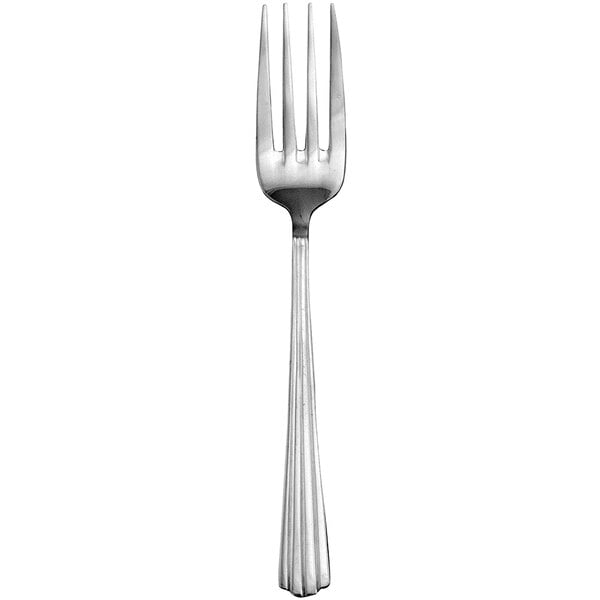 A silver Walco Hyannis salad fork with a white background.