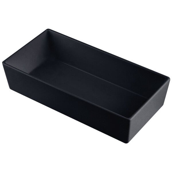 A Tablecraft black and blue rectangular bowl on a white background.