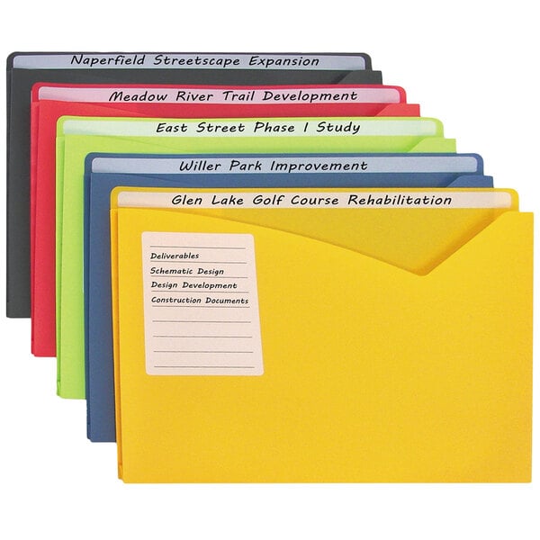 A group of C-Line letter size file folders in assorted colors with labels.