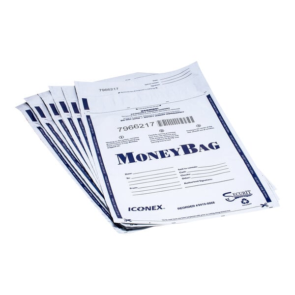 A stack of white Iconex tamper-evident deposit bags with the words "money bag" on them.