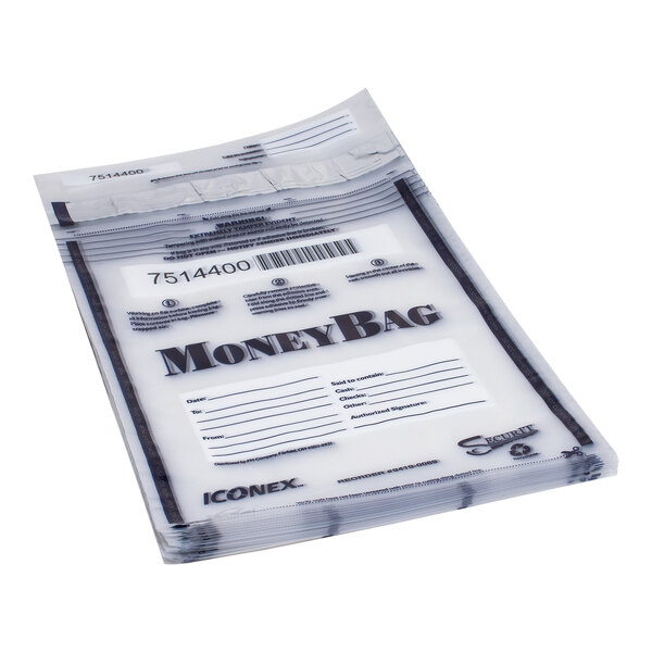 A stack of Iconex clear plastic tamper-evident deposit bags.