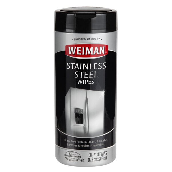 A 30 count can of Weiman Stainless Steel Cleaning & Polishing Wipes.