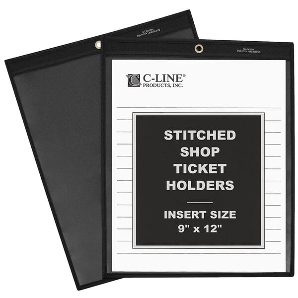 A pair of black and white stitched C-Line shop ticket holders.