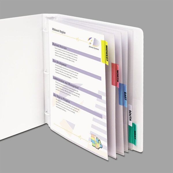 A binder with C-Line sheet protectors and colorful tabs.