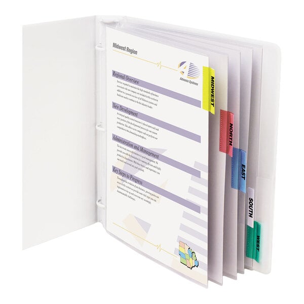 An open white binder containing clear sheet protectors with colored index tabs labeled MIDWEST, NORTH, EAST, SOUTH, and WEST.