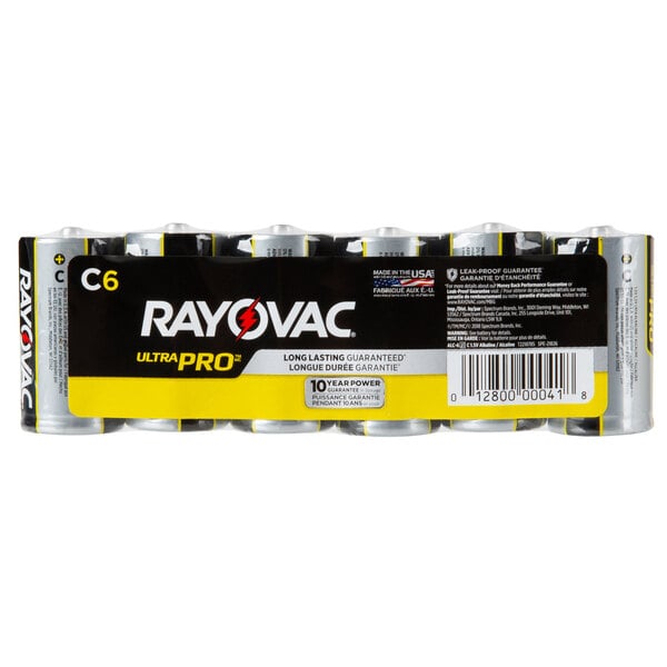 A pack of Rayovac C batteries on a white background.