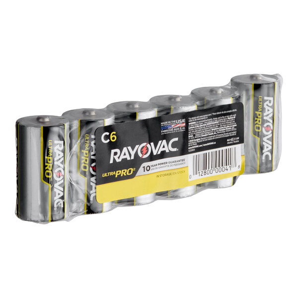 A pack of six Rayovac Ultra Pro industrial C alkaline batteries.