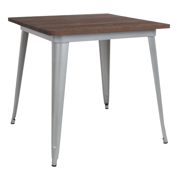 A Flash Furniture square dining table with metal legs and a rustic wood top.