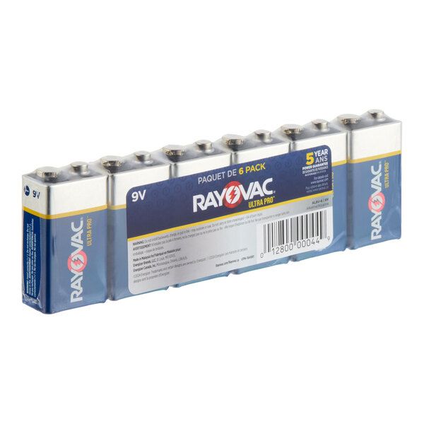 A pack of six Rayovac Ultra Pro 9V alkaline batteries.
