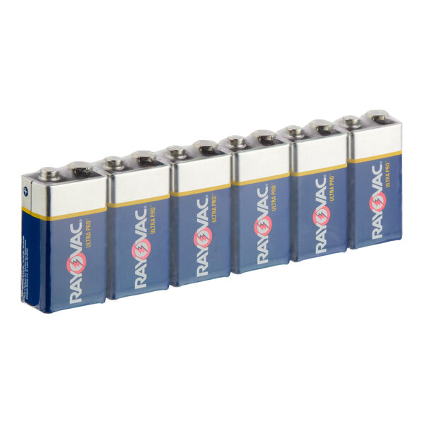A pack of six Rayovac Ultra Pro industrial 9V alkaline batteries.