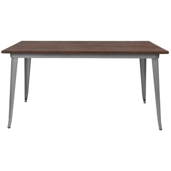 A Flash Furniture rectangular dining table with a rustic walnut wood top and silver metal legs.