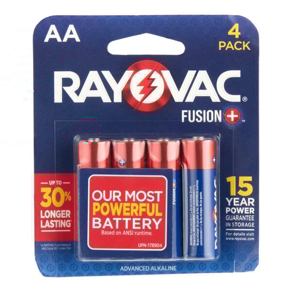 A 4-pack of Rayovac Fusion AA advanced alkaline batteries in retail packaging.