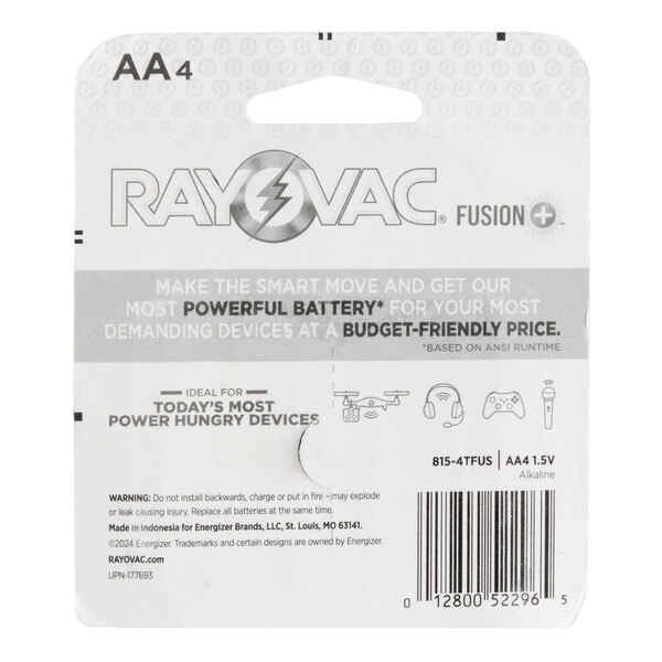 A pack of four Rayovac Fusion AA 1.5V alkaline batteries.