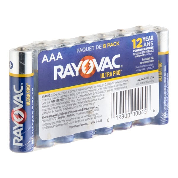 A pack of eight Rayovac Ultra Pro industrial AAA alkaline batteries.