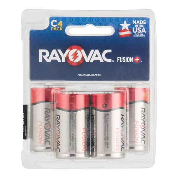 A 4-pack of Rayovac Fusion C advanced alkaline batteries in retail packaging.