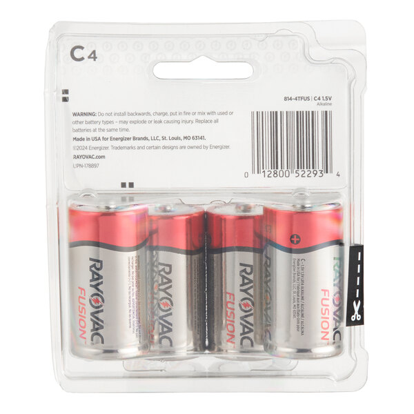 A pack of four Rayovac Fusion C advanced alkaline batteries in retail packaging.