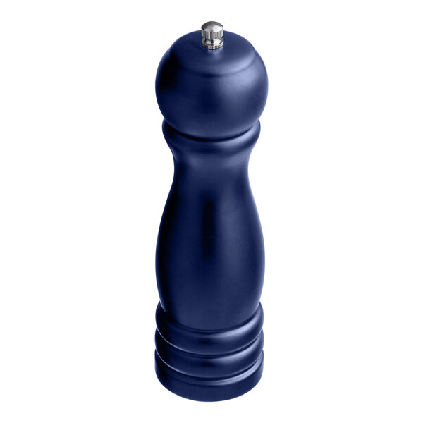 An Acopa matte dark blue wooden salt and pepper mill with a metal top.