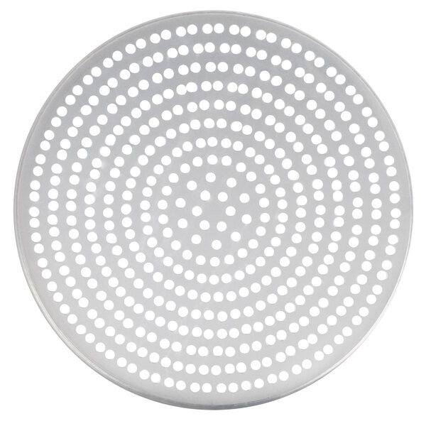 An American Metalcraft round white aluminum pizza pan with holes.