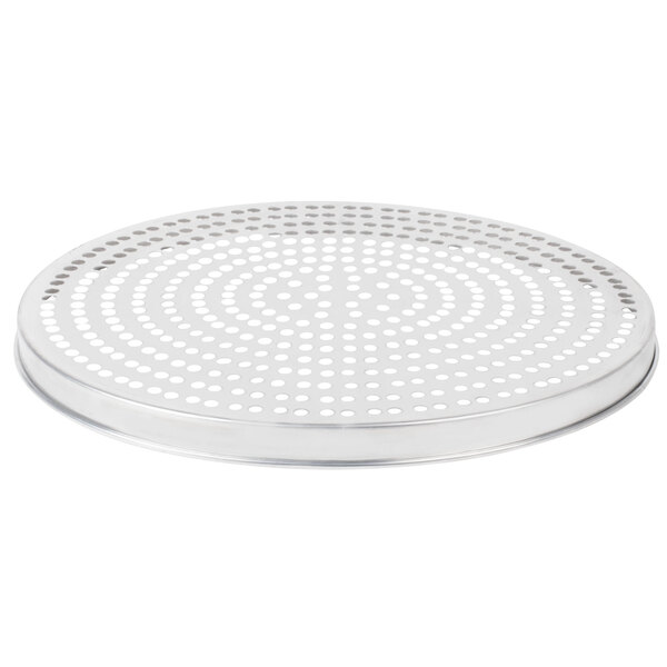 An American Metalcraft silver aluminum pizza pan with holes.