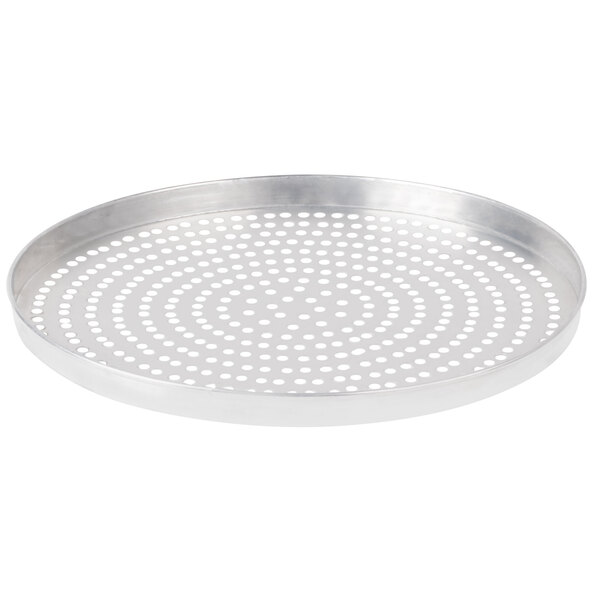 An American Metalcraft silver aluminum round pizza pan with holes.
