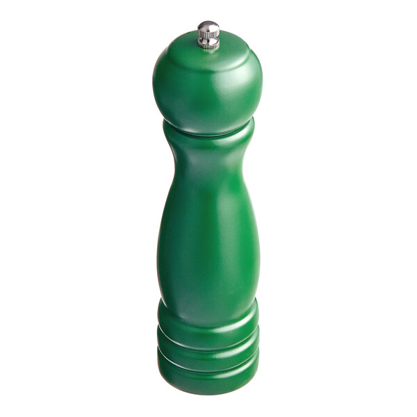 An Acopa matte green wooden pepper mill.