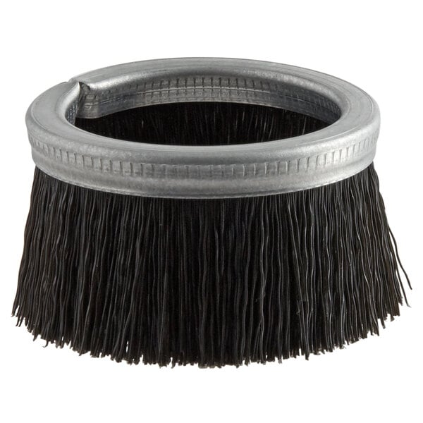 A round black brush with a metal handle and long black bristles.