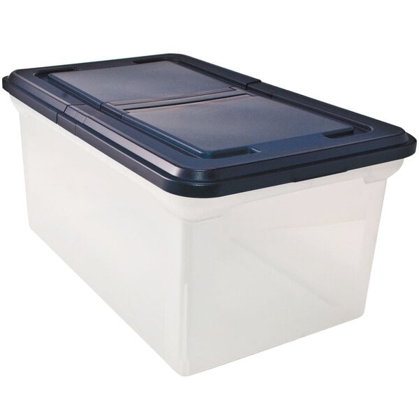 An Advantus clear plastic file tote with a navy lid.