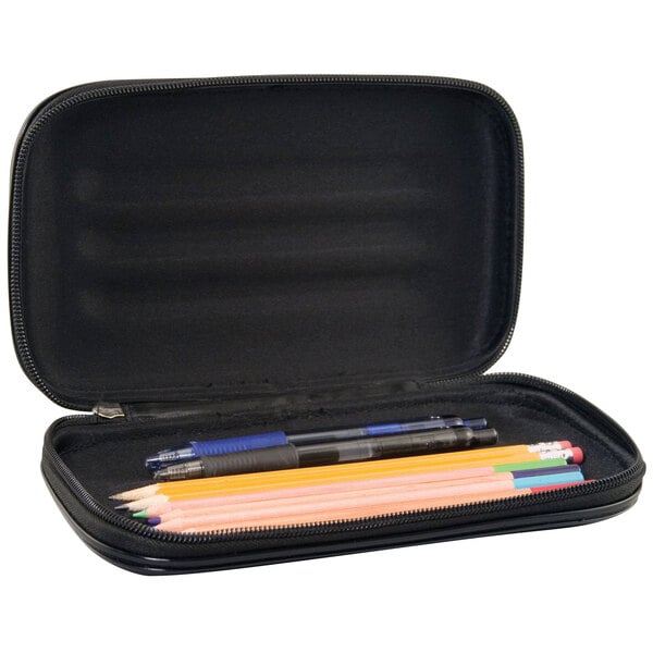 A black Advantus zippered pencil case with pencils inside.