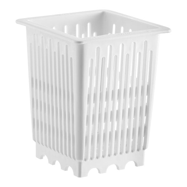A white plastic pasta cup with handles and holes.
