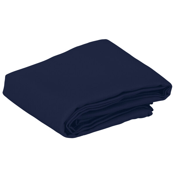 A folded navy blue Intedge square table cover.