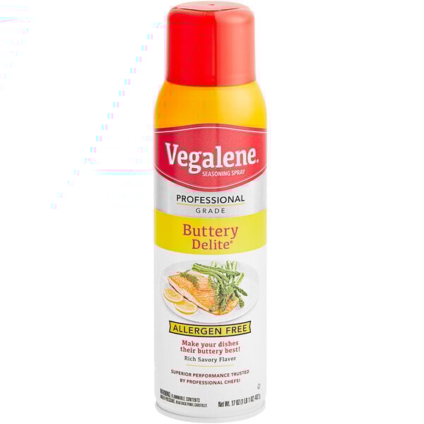 A can of Vegalene Allergen-Free Buttery Delite butter substitute spray on a counter.