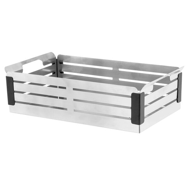 A Walco stainless steel bread basket with black handles.