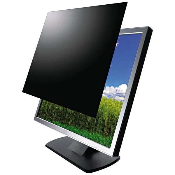 A Kantek privacy filter on a computer monitor with a black screen.