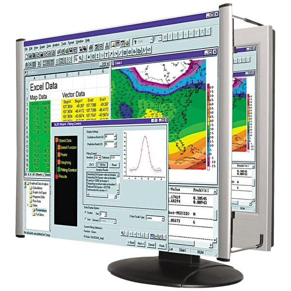 A Kantek 15" LCD monitor magnifier filter on a computer monitor displaying data.