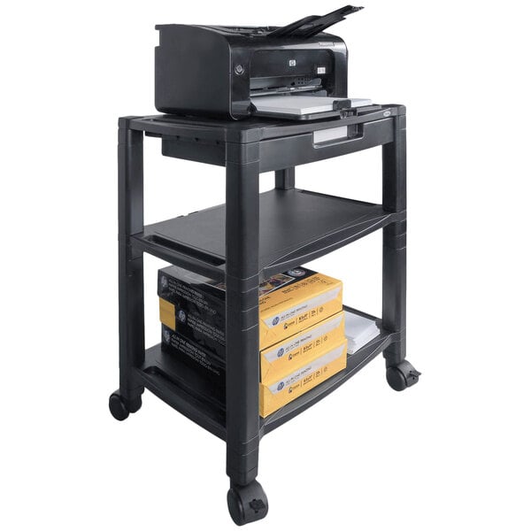 A black Kantek mobile printer stand with a printer on it.