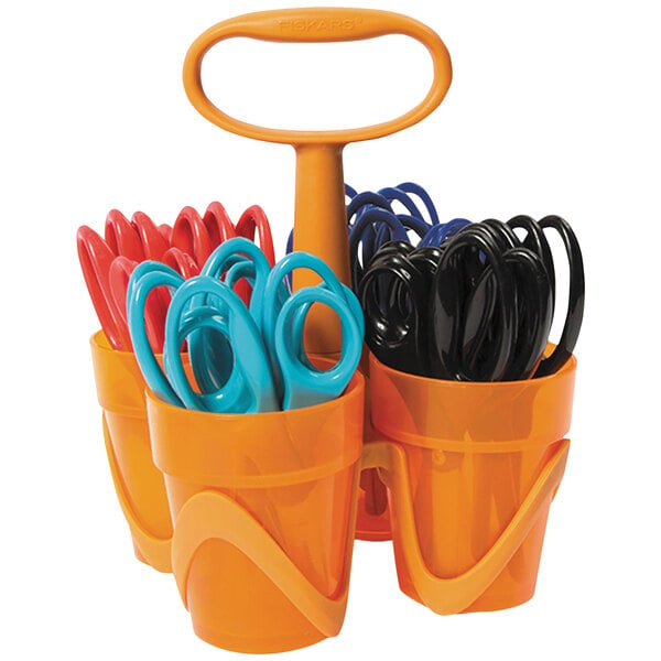 A set of Fiskars kids scissors in a carrying caddy.