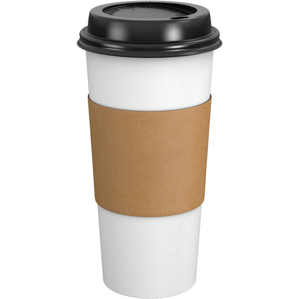 a white cup with a brown band around it
