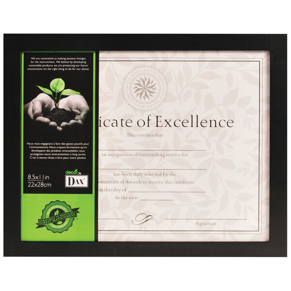 A black DAX solid wood document frame holding a certificate of excellence with a green and black border.