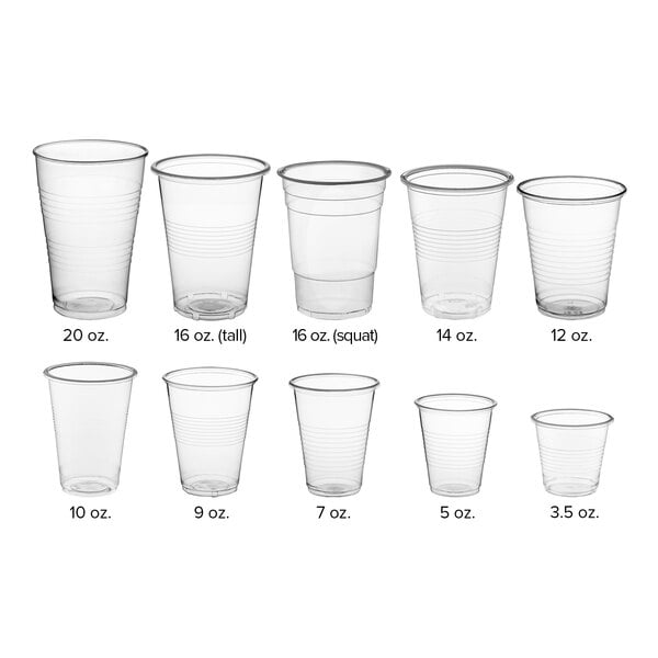 A row of Choice translucent plastic cups with a thin rim.