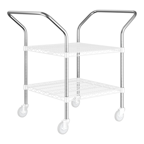 A white metal Regency utility cart with two shelves and a handle.