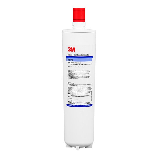 A white 3M container with black and red text on the label for a 3M Water Filtration Products HF25 Sediment, Chlorine Taste and Odor Reduction Cartridge.