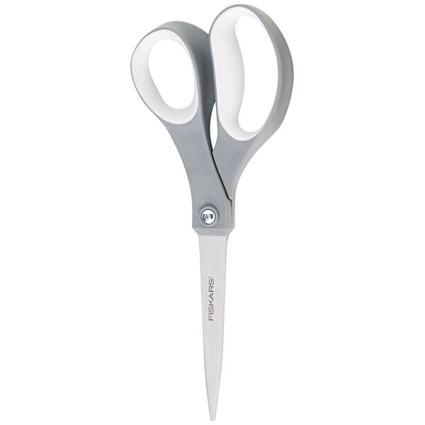 Fiskars 8" stainless steel office scissors with gray straight softgrip handles.