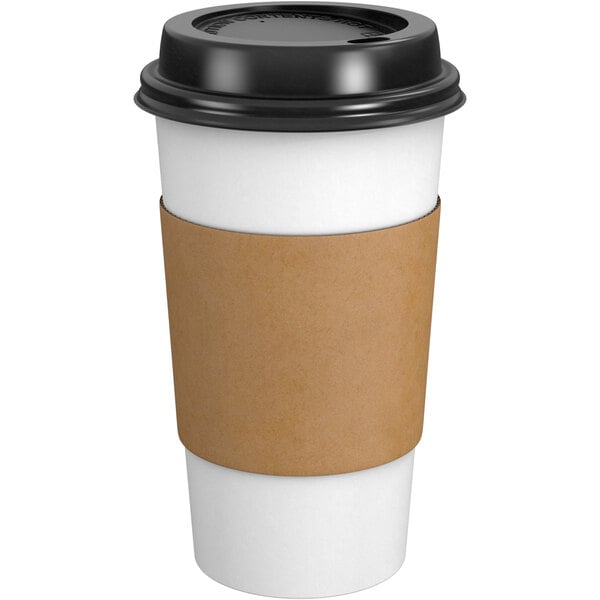 50 Pack] 8 oz Hot Beverage Disposable White Paper Coffee Cup with Black  Dome Lid and Kraft Sleeve Combo, XX Small 