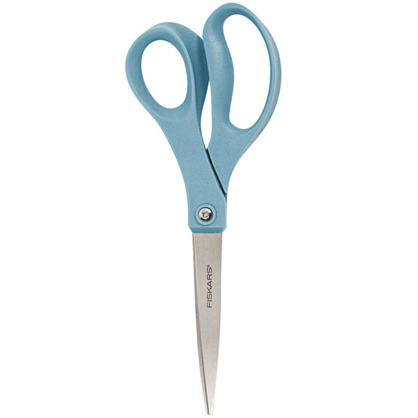 Fiskars stainless steel scissors with blue handles.