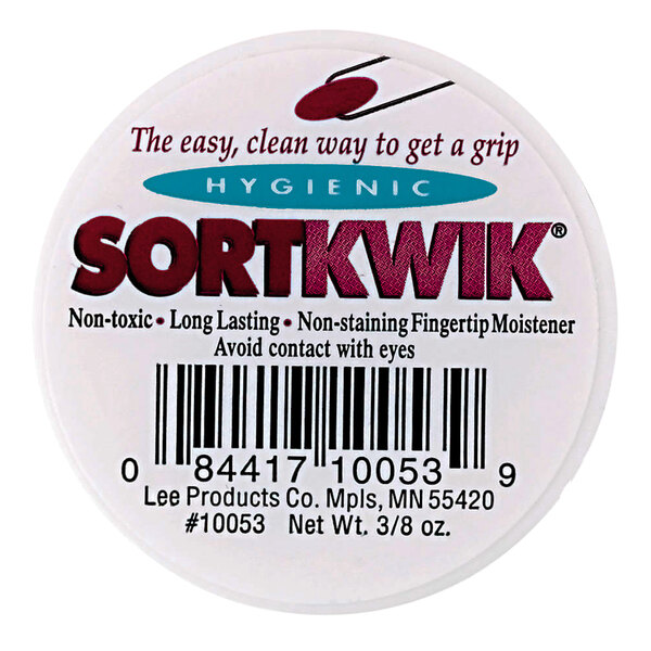 A white round label for LEE Sortwik fingertip moistener with blue and red text.