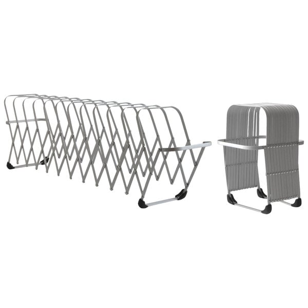 A silver aluminum expandable organizer with 12 slots.