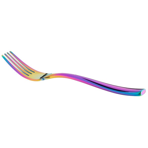 A Bon Chef Manhattan salad/dessert fork with a rainbow colored handle.