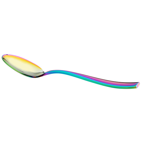 A Bon Chef stainless steel soup/dessert spoon with a rainbow colored handle.