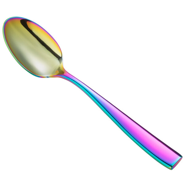 A Bon Chef stainless steel spoon with a rainbow PVD coated handle.